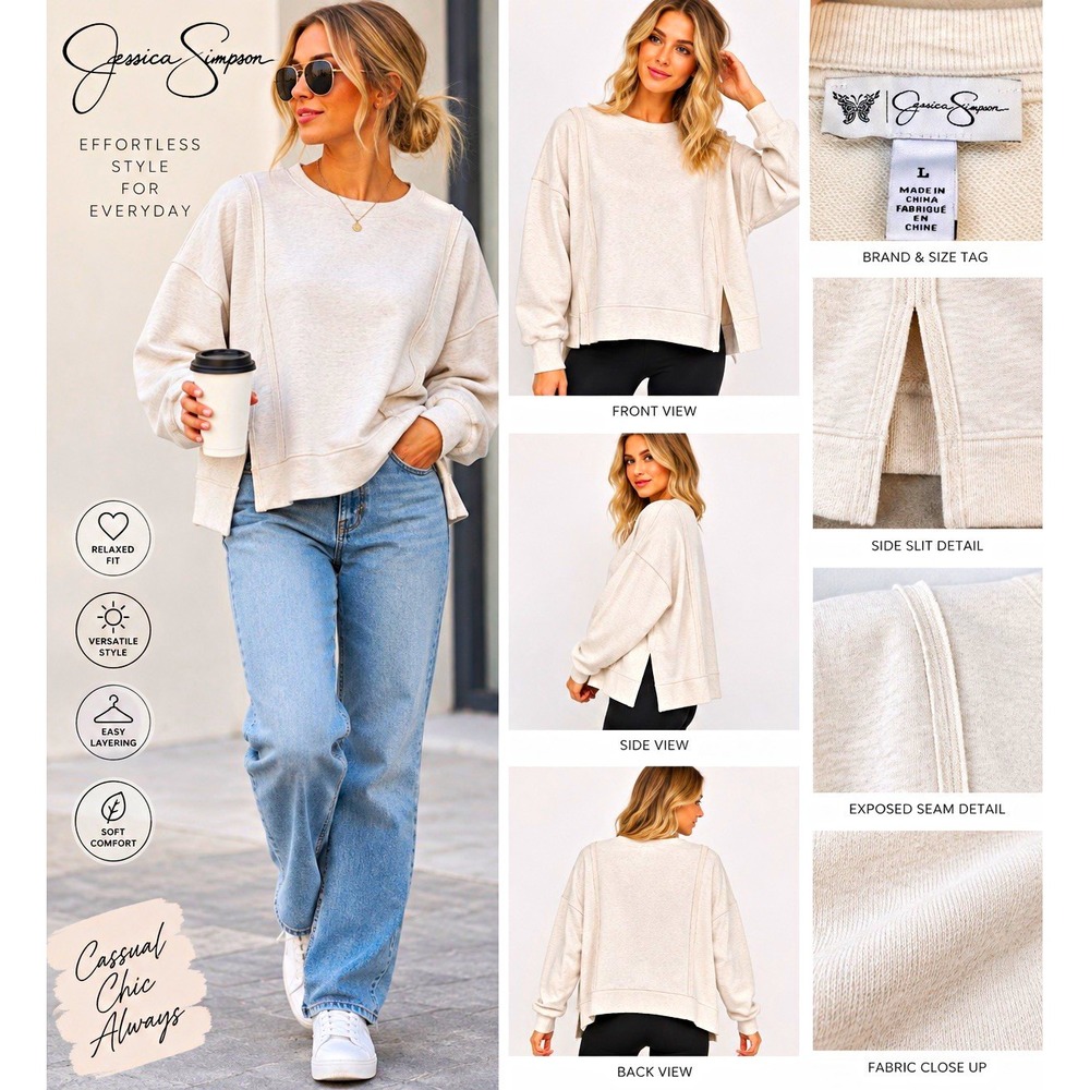 Oversized Sweatshirt Women L Jessica Simpson Oatmeal Side Slit Exposed Seam